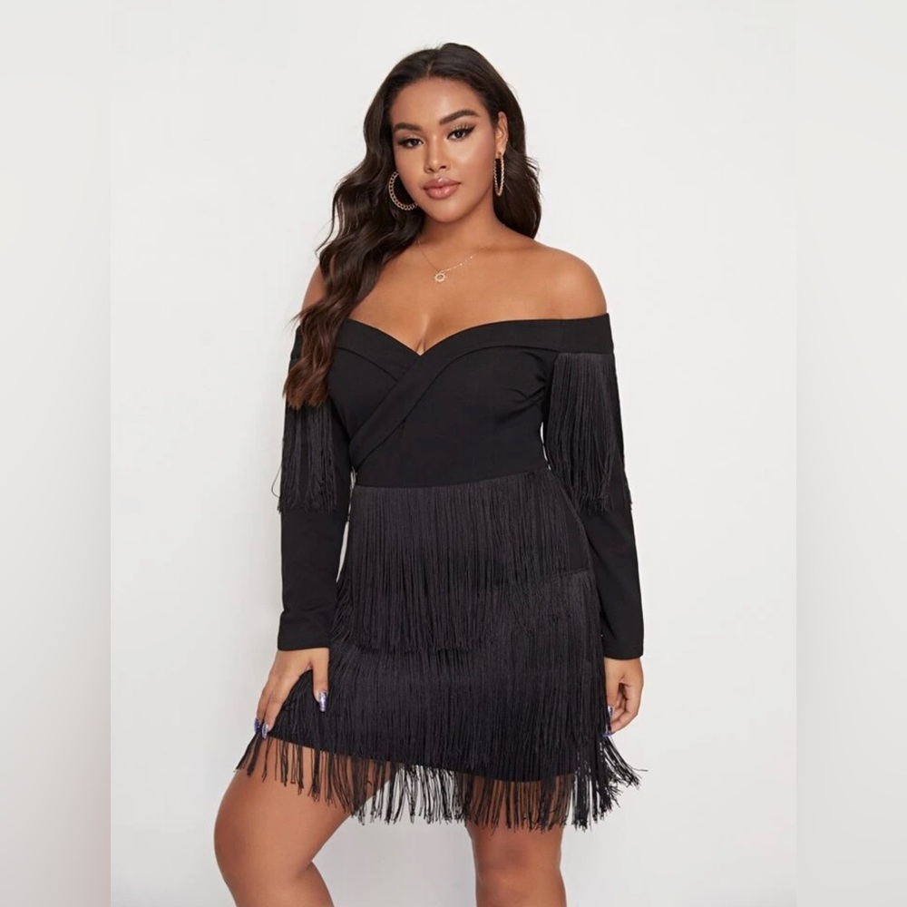 Plus Size Black Fringe Dress